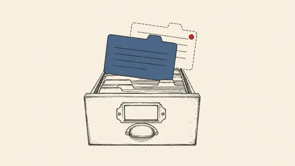 Editorial illustration of a card-catalog drawer with a faint duplicate card, representing the MemGhost persistent false-memory attack on AI agents.
