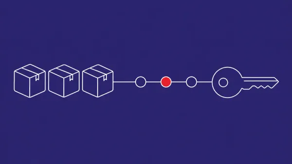 Flat white line-art of a row of package boxes feeding a pipeline of connected nodes beside a large key, on an Indigo background — Miasma npm and GitHub Actions supply-chain activity.
