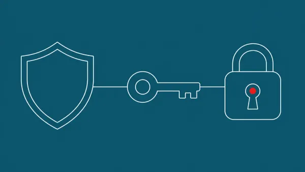Flat white line-art of a shield beside a key being swapped into a lock — Microsoft quantum-safe guidance aligning to the 2030 federal deadline.