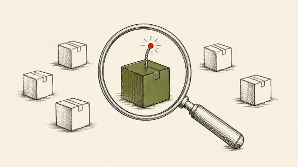 Editorial illustration of a magnifying glass over an npm package revealing an import-time fuse, marking Microsoft's deep-dive on the AsyncAPI npm compromise.