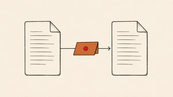 Flat white line-art of one document passing a concealed slip into a second document, on a teal background — Microsoft Copilot for Word "Word worm."