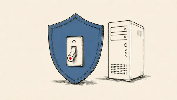Flat white line-art of a shield toggle switched off beside a server tower, on a deep teal background — Microsoft Defender for Endpoint's broken Linux update.