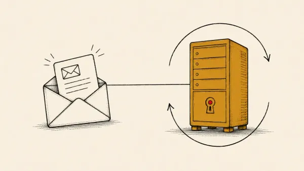 Flat white line-art of an opened envelope linked to a mailbox with a looping arrow around a keyhole, on a teal background — Exchange CVE-2026-42897.