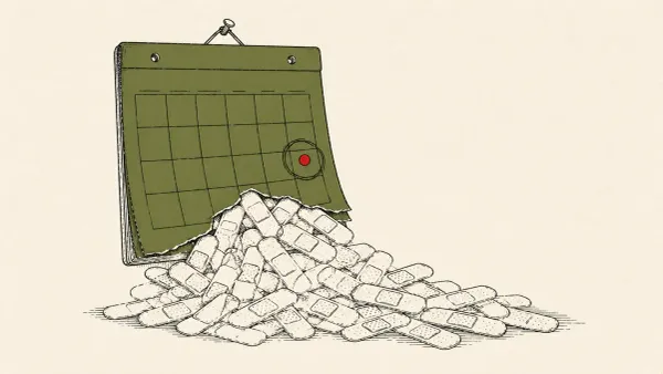Editorial illustration of a calendar page overflowing with adhesive-bandage patches, marking Microsoft's record 622-CVE July 2026 Patch Tuesday.