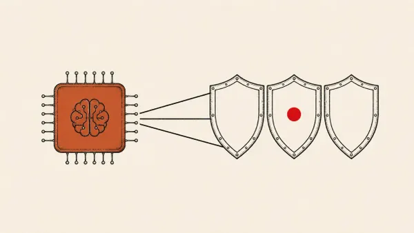 Flat white line-art of an AI chip linked to three agent shields, on a teal background — Microsoft MAI-Cyber-1-Flash and Project Perception.