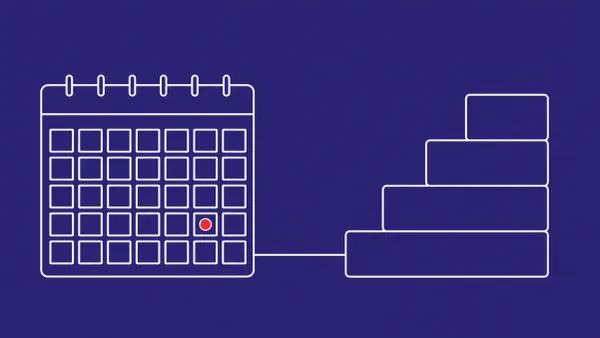 Flat white line-art of a calendar page beside a growing stack of update tiles — Microsoft Patch Tuesday and AI-driven discovery.