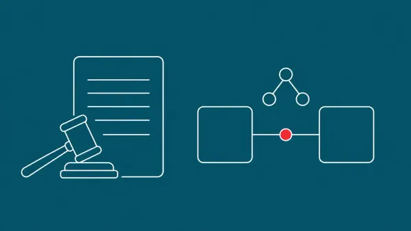 Flat white line-art of a legal document, gavel and two linked boxes, on a Peacock background — Microsoft racketeering suit linking Amadey and StealC via AI.