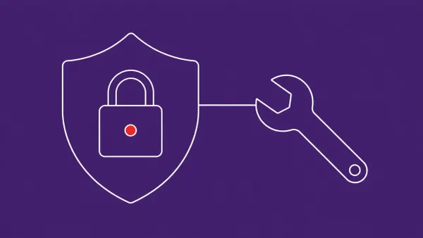 Flat white line-art of a shield with a closed padlock beside a wrench mid-turn — Microsoft RoguePlanet Defender patch.