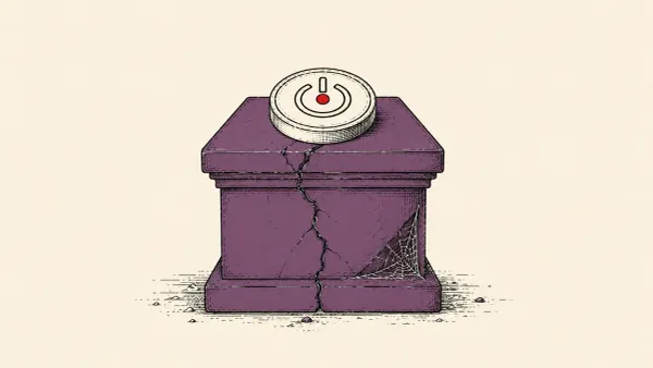 Editorial illustration of a boot-power button on a cracked, cobwebbed pedestal, marking a decade-old Microsoft Secure Boot weakness.