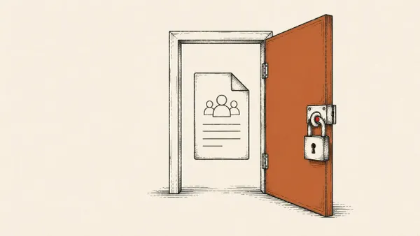 Editorial illustration of an open door with its padlock still closed, representing a SharePoint JWT authentication bypass patched by Microsoft.