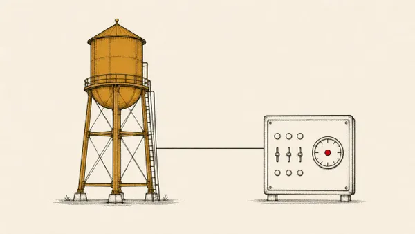 Flat white line-art of a water tower linked to a control dial, on a teal background — the Minnesota water-system cyberattack.