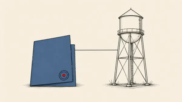 Flat white line-art of a folded memo document beside a water tower, on a deep teal background — the leaked memo tying the Minnesota water attacks to Iran.