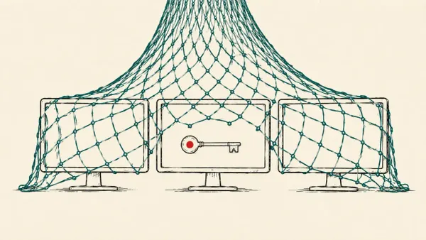 Editorial illustration of a mesh net trawling exposed AI service panels for key tags, marking the NadMesh Go botnet hunting cloud keys and Kubernetes tokens.