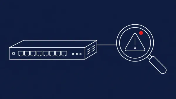 Flat white line-art of a network appliance beside a magnifying lens over a warning sign — NetScaler CVE-2026-8451 under attack.