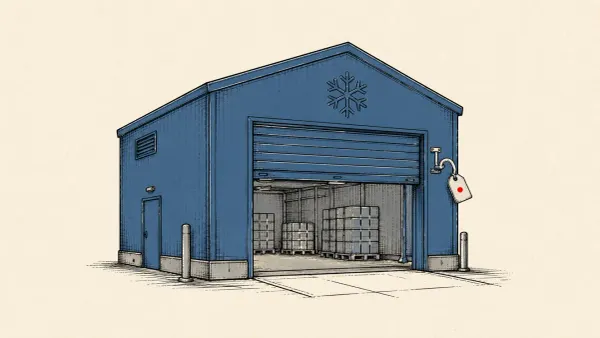 Flat white line-art of a refrigerated warehouse door reopening beside a hanging padlock tag, on a deep teal background — Nichirei recovery and extortion claim.