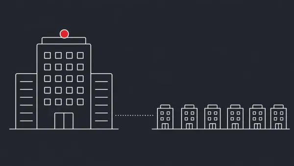 Flat white line-art of one highlighted building linked to a wide row of faint identical buildings — Oracle PeopleSoft campaign reportedly reaching about 100