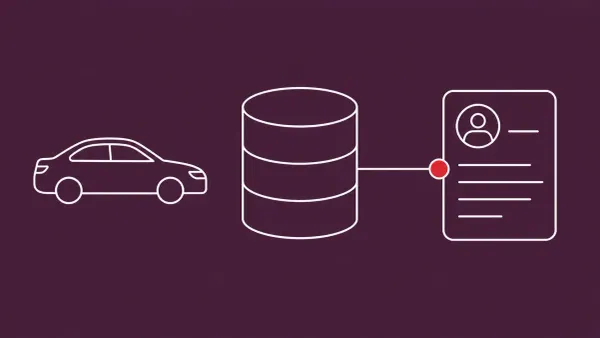 Flat white line-art of a car silhouette beside a database cylinder and an employee record card, on an Aubergine background — Nissan employee data breach linked to Oracle PeopleSoft zero-day.