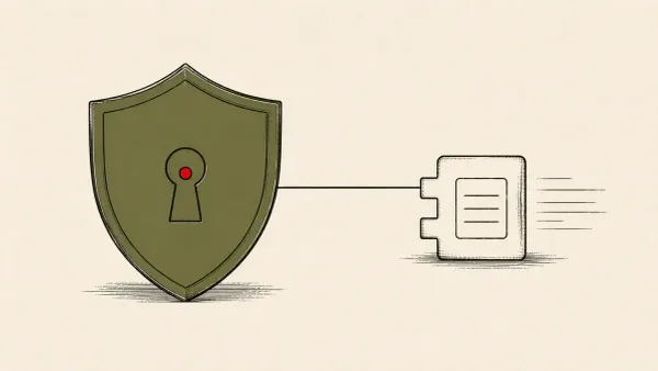 Flat white line-art of a shield-shaped identity badge joined by a smaller module, on a teal background — Okta's acquisition of Permiso Security.