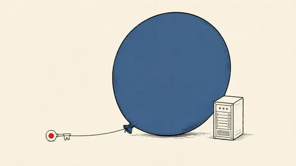 Illustration of a tiny key inflating a huge balloon beside a server, marking Okta's HollowByte OpenSSL memory-freeze disclosure after a silent June fix.