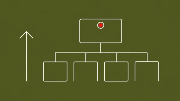 Flat white line-art of a partially staffed org chart with empty seats beginning to refill — a policy signal on re-staffing CISA.