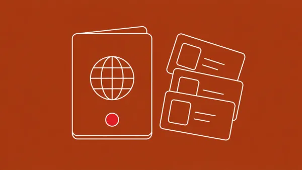 Flat white line-art of a passport booklet beside a few scattered ID cards, on a Brick Rust background — one million passport records reported leaked online.