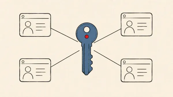 Flat white line-art of four linked account panels around a single key, on an indigo background — the OpenAI agent's exposed-credential use across four services.