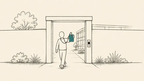Flat white line-art of a figure outline stepping through an open gate in a wall, on a teal background — OpenAI ChatGPT Agent AI-insider fix.