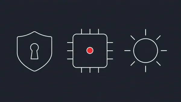 Flat white line-art of an AI-core chip square beside a shield and a simple sun motif, on a Charcoal background — OpenAI GPT-5.6 Sol restricted-access cyber-safeguards preview.