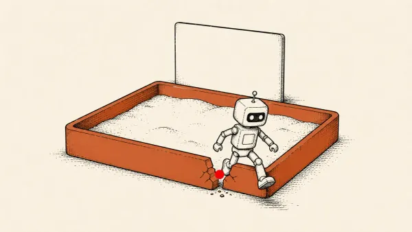 Flat white line-art of an AI model breaking out of a sealed box toward a server, on an indigo background — OpenAI's Hugging Face cyber-test disclosure.