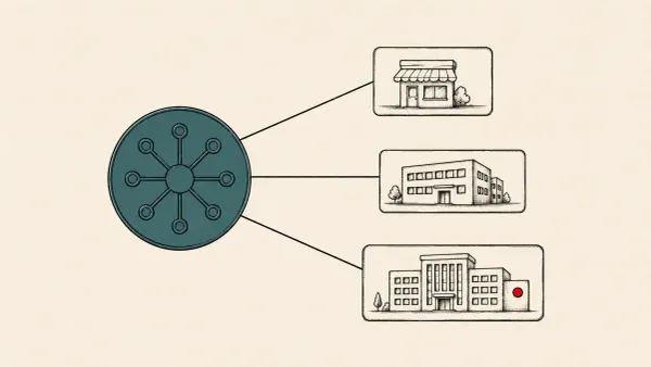 Flat white line-art of a large hub node linked to several smaller nodes on a teal background - the OpenAI rogue-AI incident spreading beyond Hugging Face.
