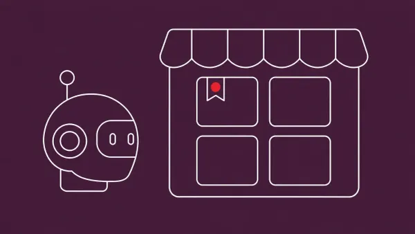 Flat white line-art of a marketplace storefront with a grid of skill tiles and an agent head outline, on an Aubergine background — OpenClaw AI coding agent skill-marketplace risks.