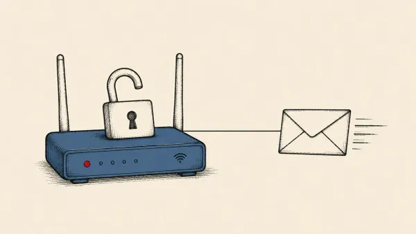 Flat white line-art of a router receiving a network packet beside a shield, on a solid background — OpenWrt's CVE-2026-53921 DHCPv6 patch.