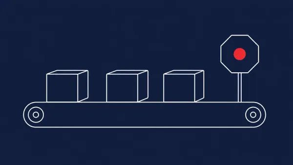 Flat white line-art of a conveyor belt carrying boxes with a stop symbol breaking the line — Operation Endgame assembly-line retrospective.