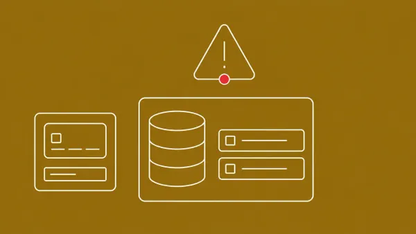 Flat white line-art of an ERP panel, a payment-card form and an alert triangle, on an Antique Gold background — Oracle EBS Payments CVE-2026-46817.