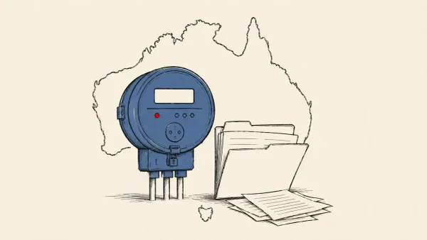 Flat white line-art of a power meter beside a folder of customer records and an Australian map outline, on a teal background — Origin energy data breach.