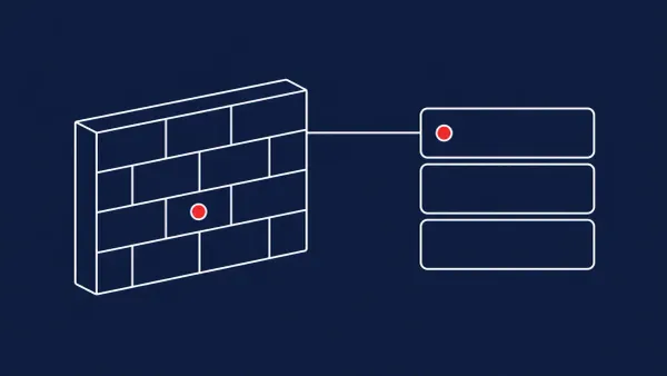 Flat white line-art of a firewall wall panel beside a stack of patch tiles — Palo Alto Networks patches 13 vulnerabilities.