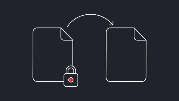 Flat white line-art of a duplicated file with a copy arrow and a small padlock, on a Charcoal background — pedit COW Linux cached-binary disclosure.