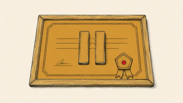 Editorial illustration of a framed certificate with a pentagon seal and a pause symbol, marking the Pentagon's suspension of CMMC Phase 2 requirements.