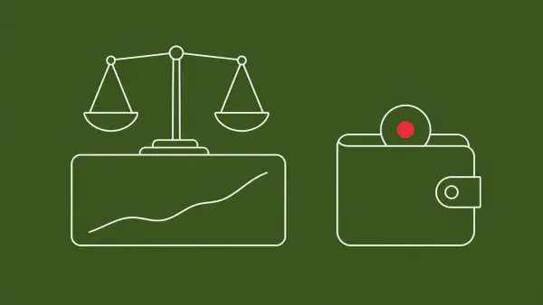 Flat white line-art of a balance-scale prediction panel beside a wallet form, on a Moss background — Polymarket user-fund theft after account compromise.