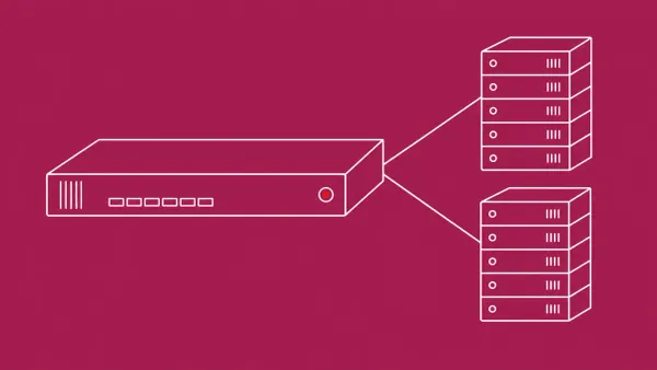 Flat white line-art of a load-balancer appliance routing two lines to server stacks — Progress Kemp LoadMaster CVE-2026-8037 advisory.