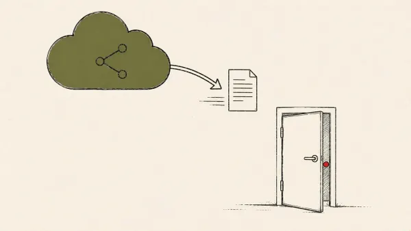 Editorial illustration of a file-share cloud and a door left ajar, marking Progress ShareFile's ongoing external security threat.