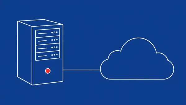 Flat white line-art of a server tower powered off beside a cloud panel — Progress ShareFile Storage Zone Controllers shutdown.