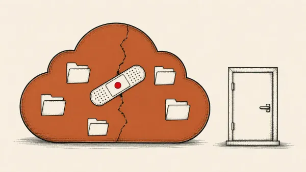 Editorial illustration of a file-share cloud with a closed door and a fresh patch over a sealed crack, marking Progress's confirmed ShareFile zero-day fix.