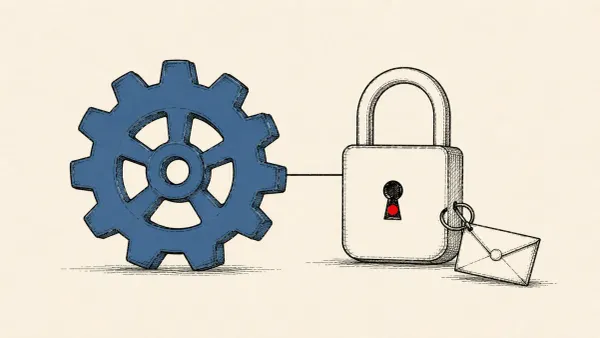 Flat white line-art of an industrial gear and a locked padlock on a crimson background — PTC Windchill flaw exploited in a Cl0p ransomware campaign.