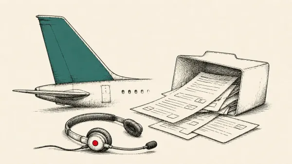 Editorial illustration of an airplane tail beside a spilling records folder and a headset, marking the Qantas breach of 5.7 million from a tech-support scam.