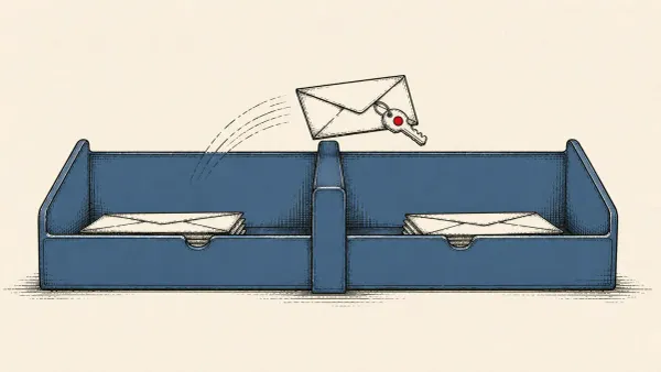 Editorial illustration of an envelope crossing between two mailboxes with a key tag, representing RabbitMQ OAuth and cross-tenant metadata flaws.