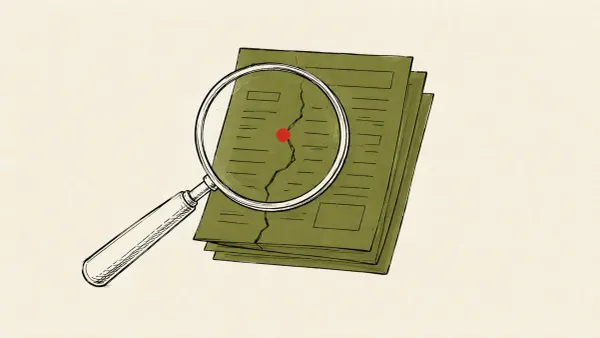 Editorial illustration of a magnifying glass over a cracked shared-document portal, marking Rapid7's deep-dive on the exploited SharePoint flaw CVE-2026-58644.
