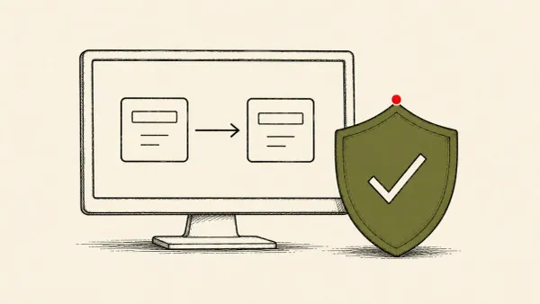 Flat white line-art of a monitor showing a simulation flow model beside a shield, on a teal background — Rockwell Arena Simulation code-execution patches.