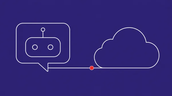 Flat white line-art of a single large chatbot speech bubble linked to a cloud outline — Google Dialogflow CX "Rogue Agent" vulnerability disclosure.
