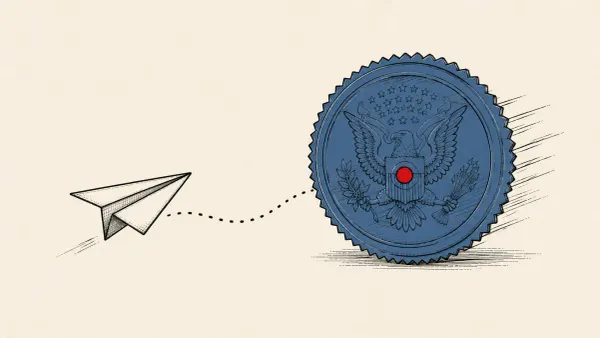 Flat white line-art of a paper airplane beneath a large official stamp, on a cobalt background — Russia charges Telegram founder Pavel Durov.